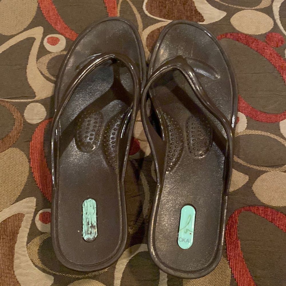 Brown OkaB Wedge Flip Flop Sandal
